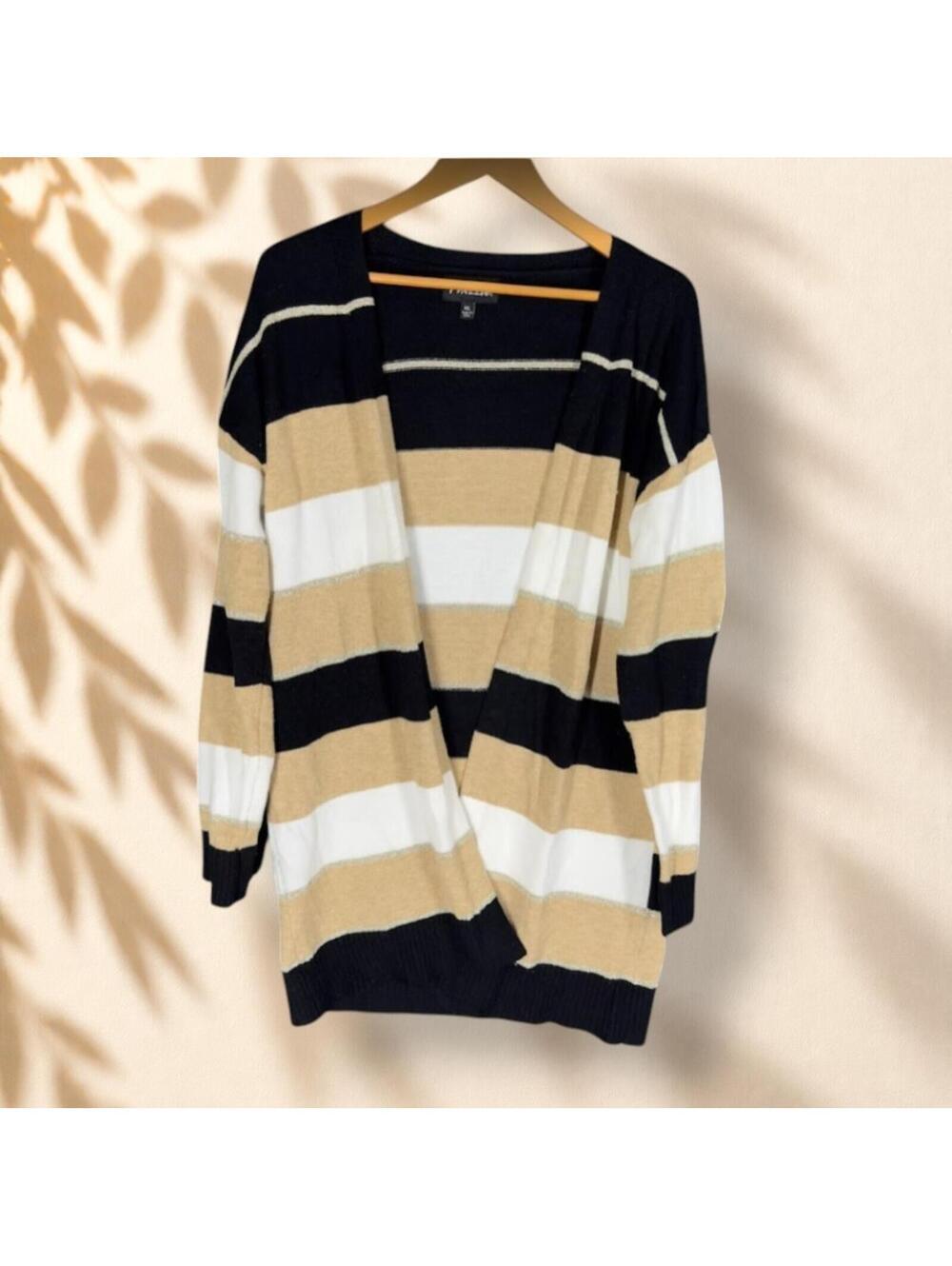 Frazzle Cardigan Women 2XL Brown Striped Open Front Long Sleeve Knit Soft Cozy
